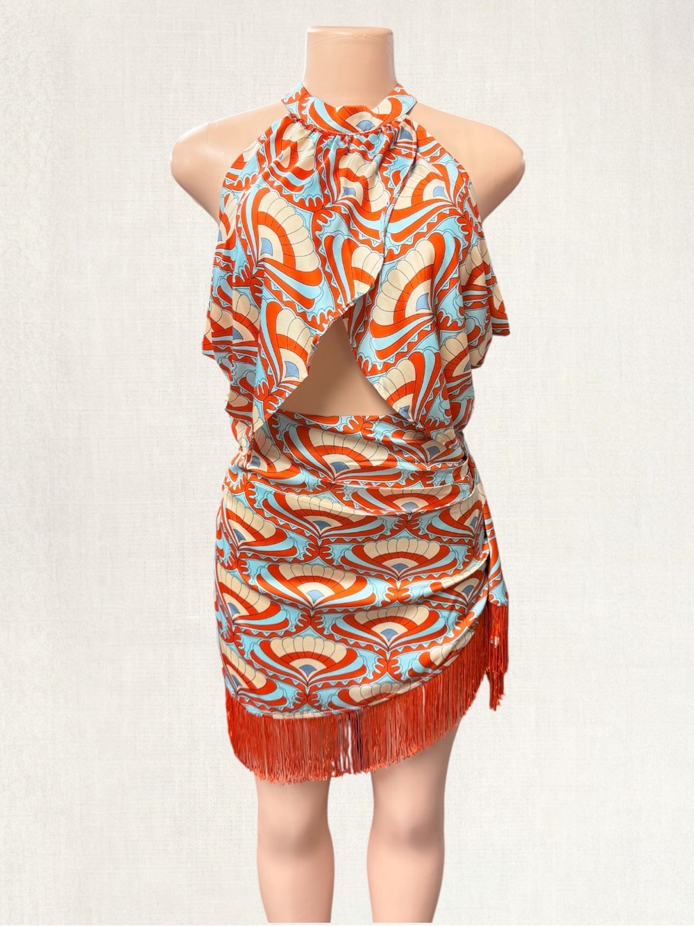 VICI Retro Orange & Aqua Halter Fringe Mini Dress